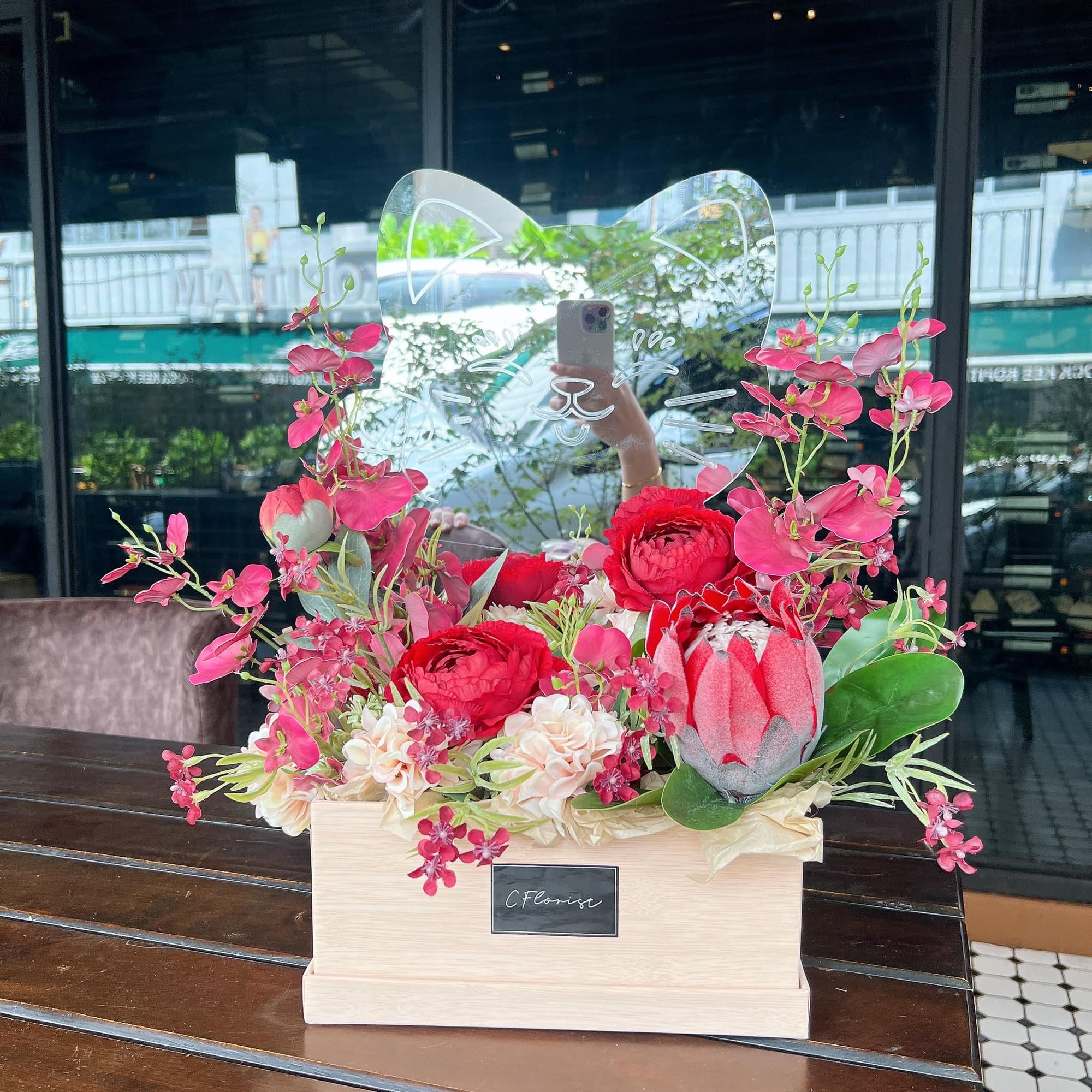 Mirror Fortune Cat Red Artificial Flower