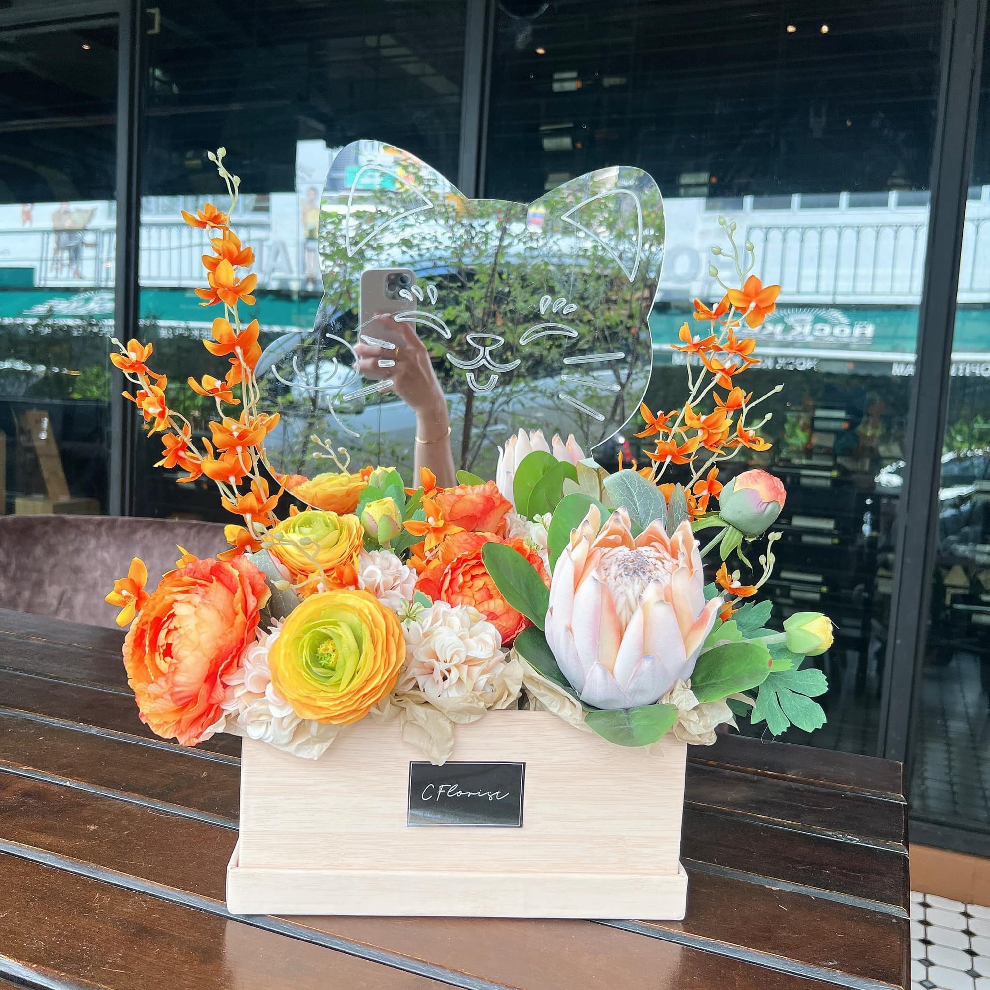 Mirror Fortune Cat Orange Artificial Flower