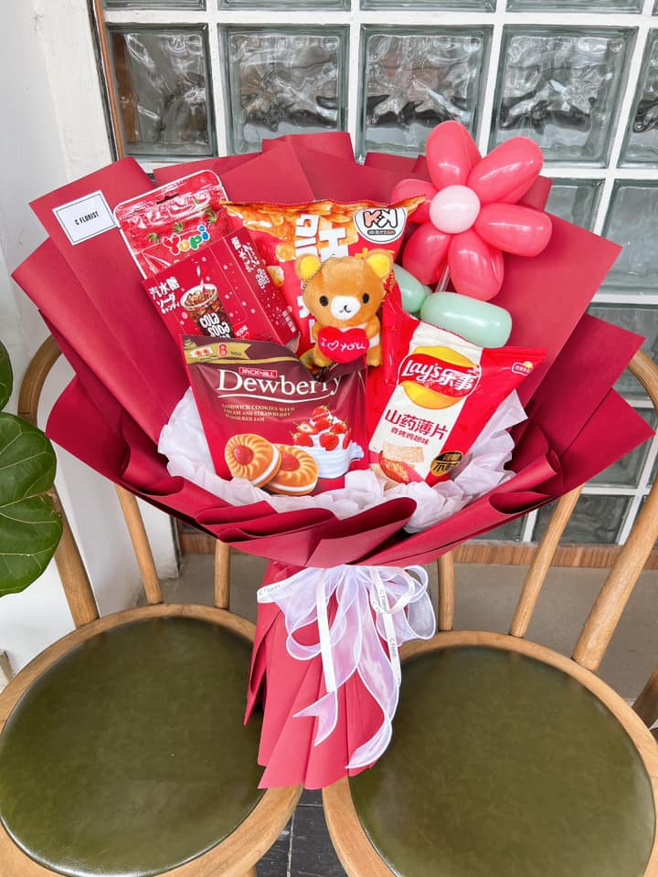 Red Snack Bouquet with Bear and Balloon