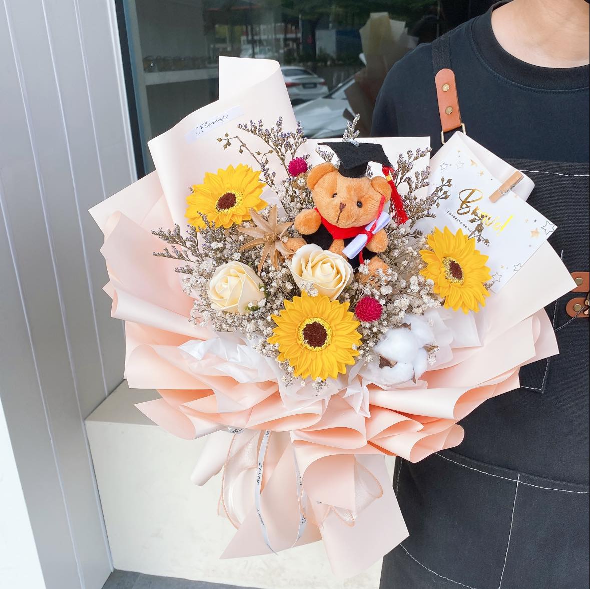 Soap Flower Bear Graduation Bouquet